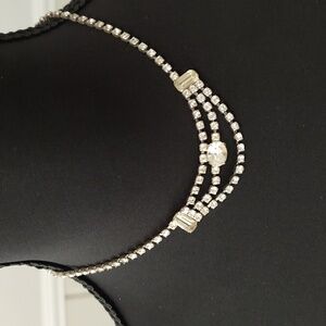 Vintage Silver and White Rhinestone Necklace Choker with Scalloped Design 14"